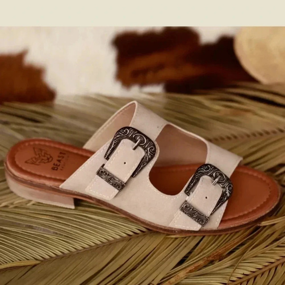 New! Tan Suede Western Buckle Slip On Slide Sandals in Sand - Picture 4 of 8